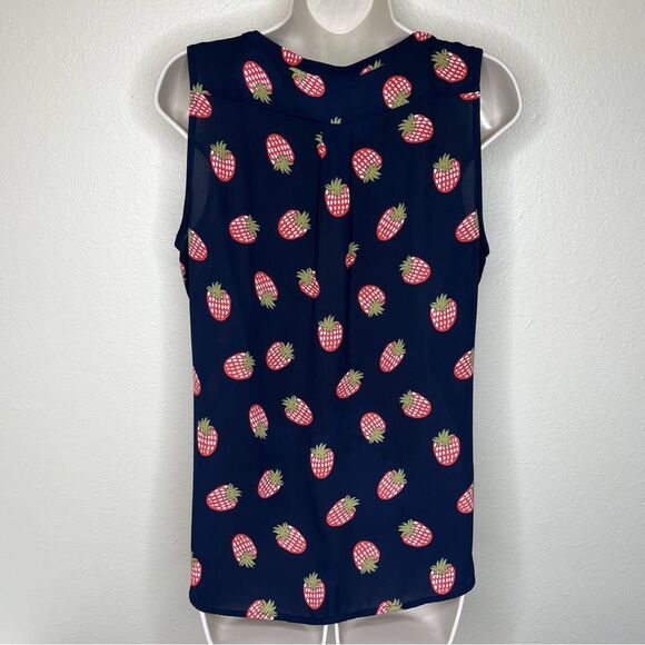 Loft Strawberry Sleeveless Navy Red Green Button Placket Popover Top Women Small - Picture 7 of 13